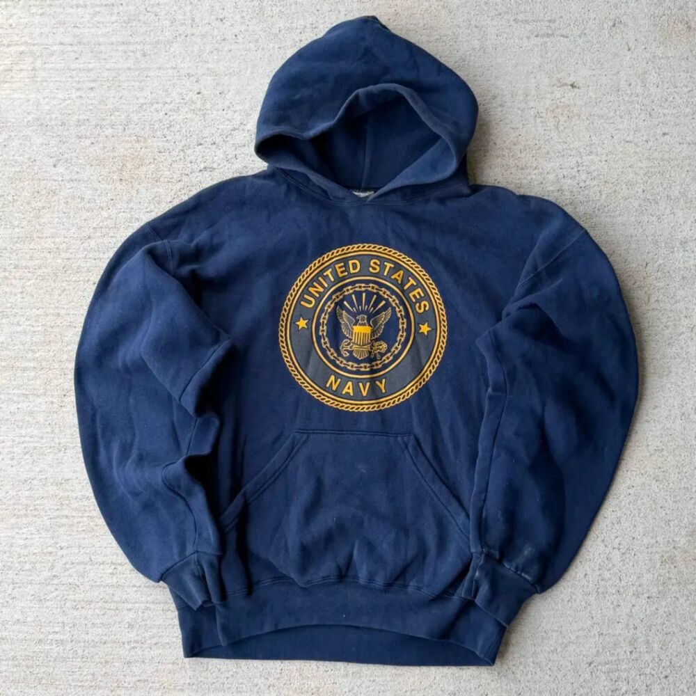 Vintage 80s US Navy Crest Hoodie Sweatshirt Double Sided MJ Soffe Mens L USA
